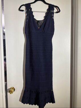 Herve Leger Navy Blue Midi Dress with Lace Insets